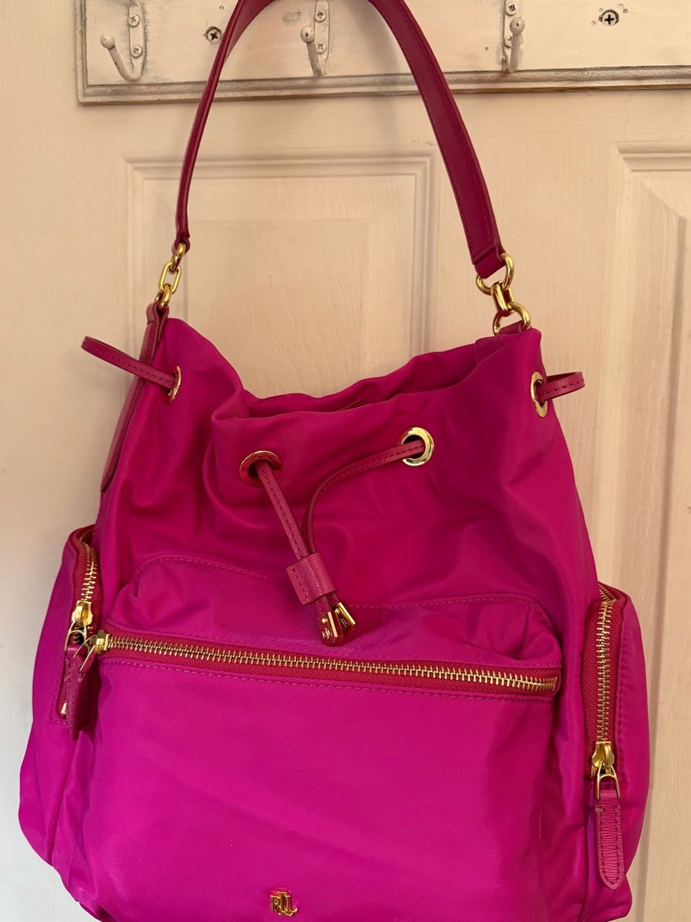 Lauren Ralph Lauren Hot Pink Drawstring Nylon Shoulder Bag with Gold Hardware